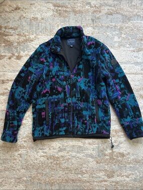 American Eagle Abstract Pattern Sherpa Zip-Up Jacket in Teal, Purple & Black